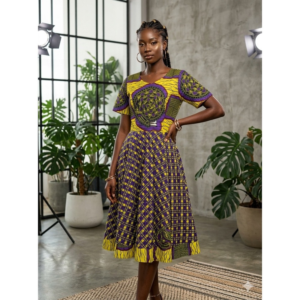 Vio Couture African Wax Print Dress Yellow Purple Ethnic Midi Fit Flare Womens M